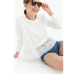 NWOT! J. Crew White Crew Neck Sweater with Lace Hem